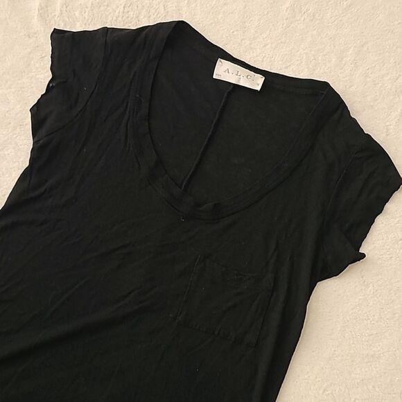A.L.C. Wool Blend Black Short Sleeve Tee Top Small Pocket Raw Hem Lightweight - Picture 3 of 8